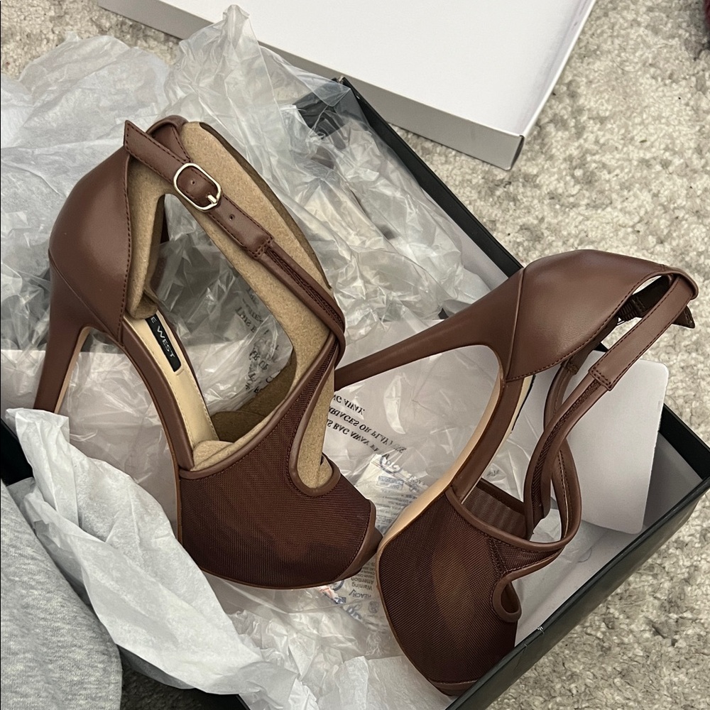 Nine West Brown Peep-Toe Ankle Strap Heels